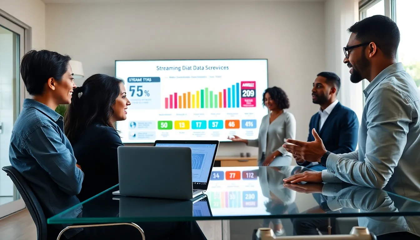 professionals discussing streaming data usage in a modern office.