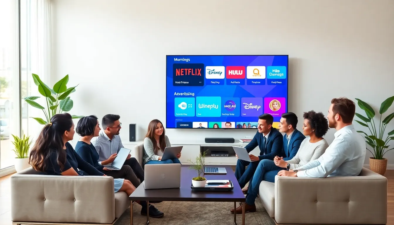 group discussing streaming TV advertising in a modern living room.