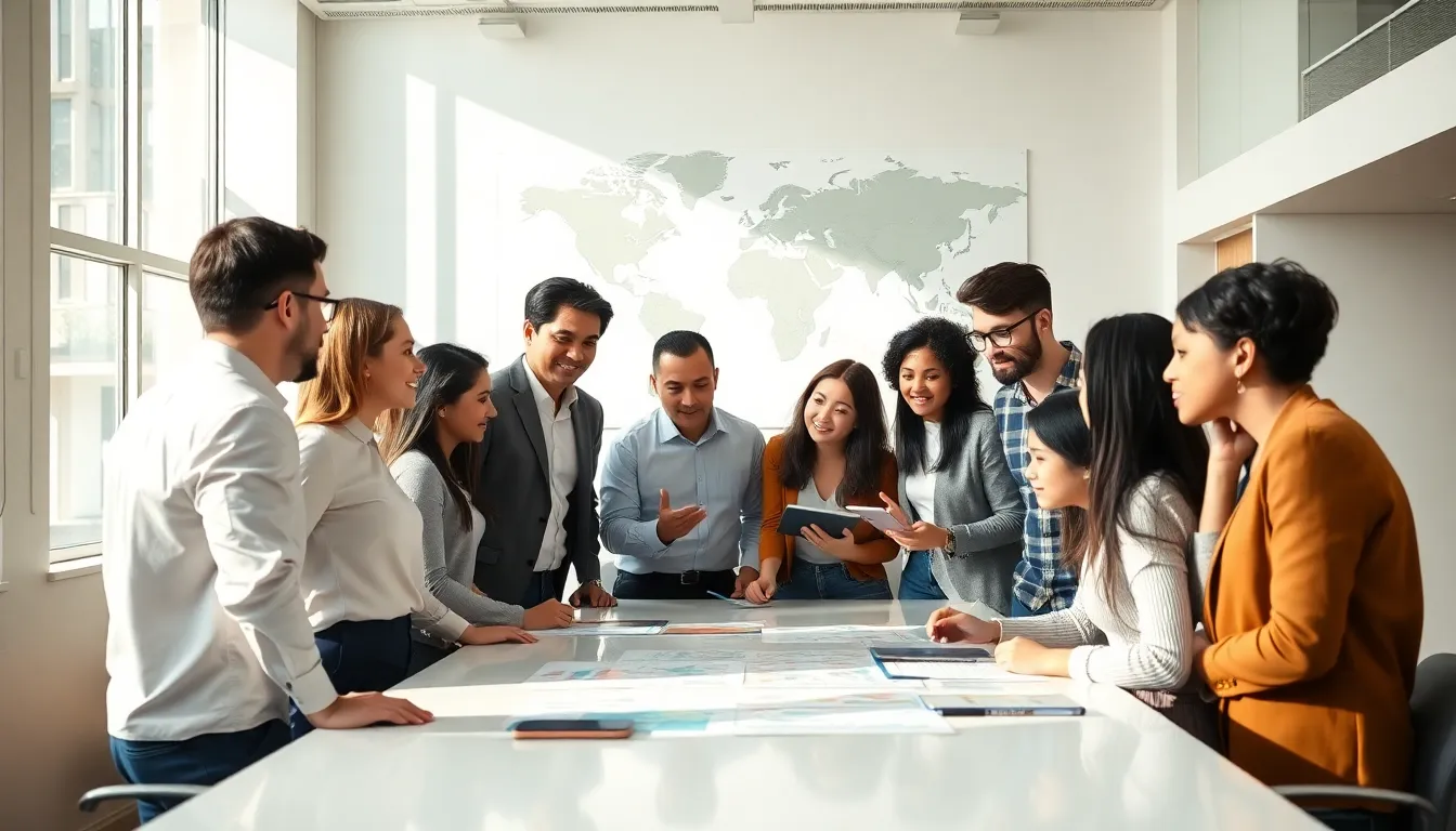 students discussing global affairs in a modern classroom.